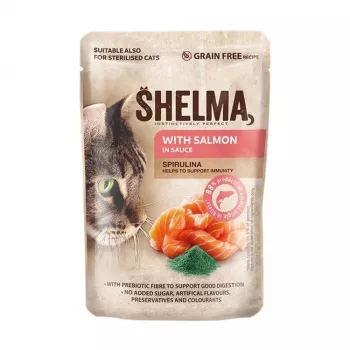 Šlapias kačių ėdalas SHELMA su lašiša ir menke padaže, 4 x 85 g maišeliai, 81 % drėgmės, 10 % baltymų