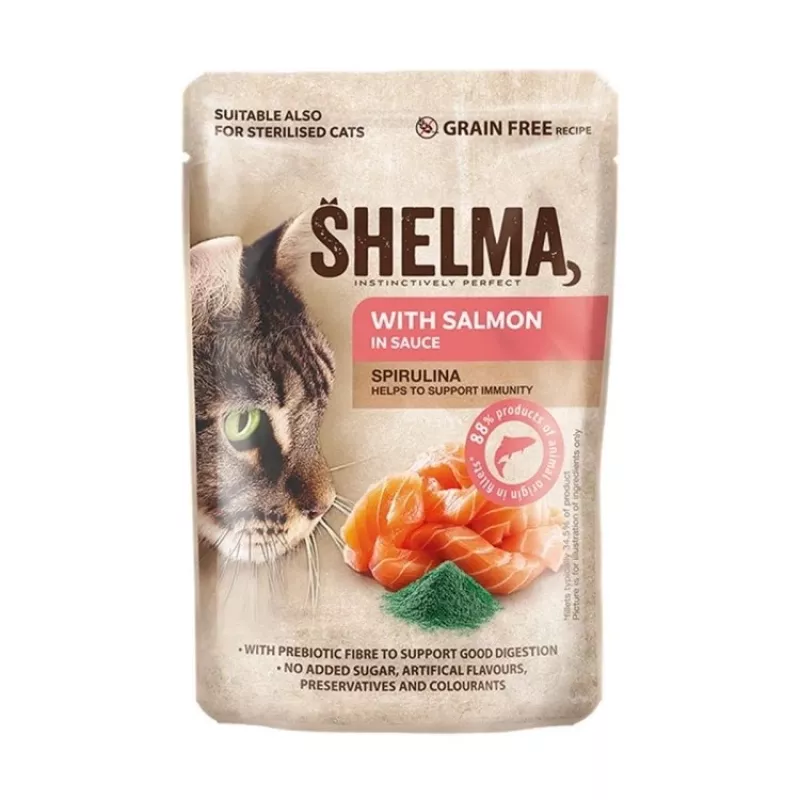Šlapias kačių ėdalas SHELMA su lašiša ir menke padaže, 4 x 85 g maišeliai, 81 % drėgmės, 10 % baltymų