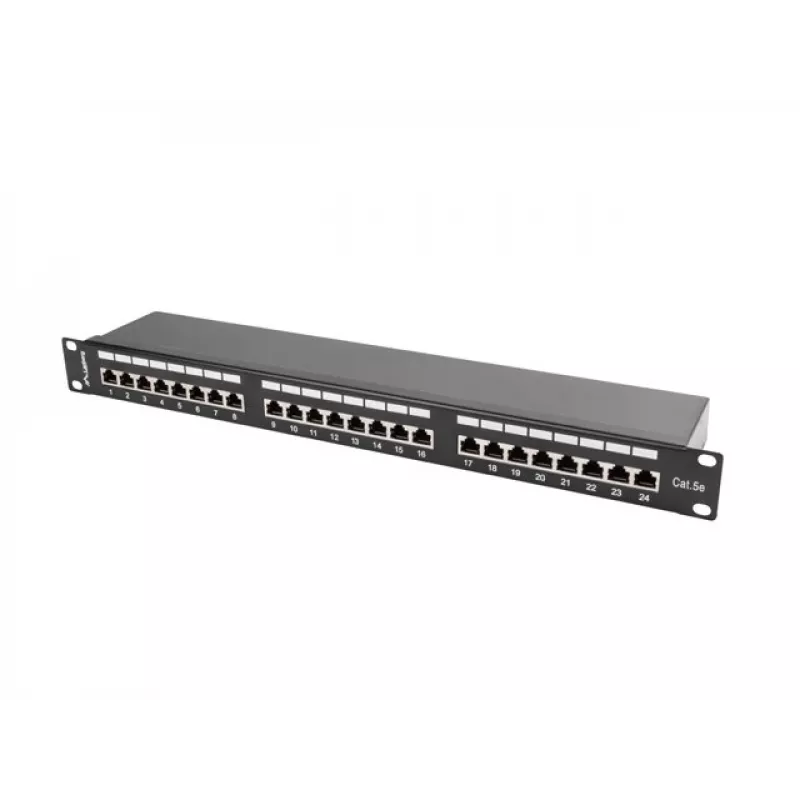 Pataisų skydelis 1U LANBERG PPS5-1024-B — 24 prievadų RJ-45 Cat5, metalinis, juodas, montavimas į stovą