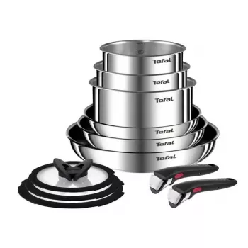 Puodų rinkinys Tefal Ingenio Emotion L897SB74 — 11 dalių sukraunamas, nerūdijančio plieno, su nelimpančia danga, tinkamas orkaitei, Thermo-Spot