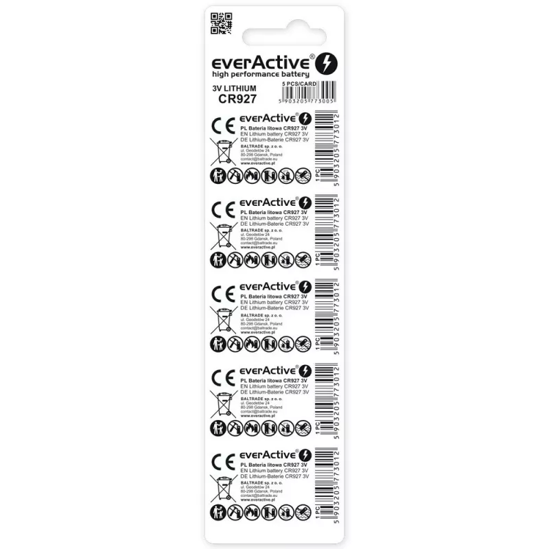 Ličio monetinė baterija everActive CR927 3V, 30 mAh, mygtuko/monetos tipo, aukštis 2,7 mm — 5 vnt. pakuotė