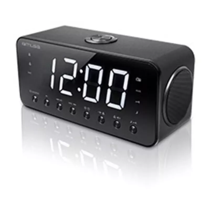 Radijo laikrodis Muse M-192 CR — skaitmeninis laikrodis, FM imtuvas, 1,8 colio LED ekranas, juoda mediena, AC 100–240V, AAA atsarginė