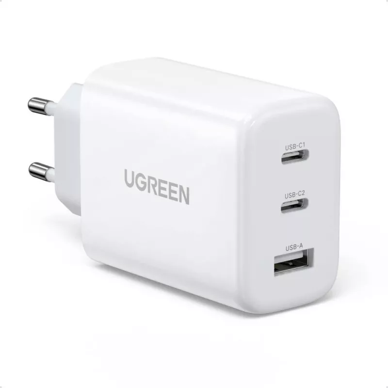 Sieninis įkroviklis UGREEN CD275 2× USB Type-C 65W Baltas — dvigubas USB-C 65W greitas įkrovimas, 100–240V įvestis