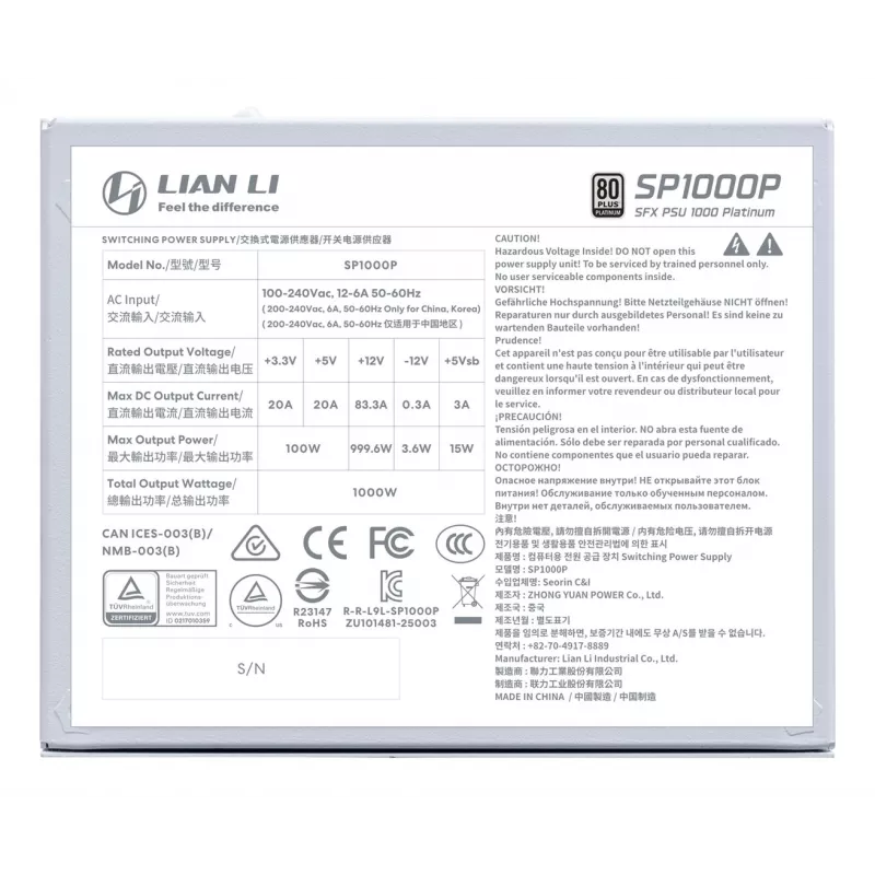 Maitinimo blokas Lian Li SP Series Platinum SFX visiškai modulinis PCIe 5.1 ATX 3.1 1000W (G9P.SP1000P.W000.EU)
