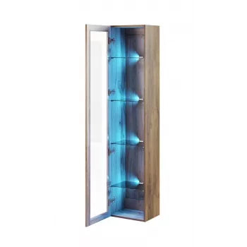 Vitrina Cama Meble VIGO 180 — montuojama prie sienos stiklinė spinta, 1800×400×300 mm, wotan ąžuolas