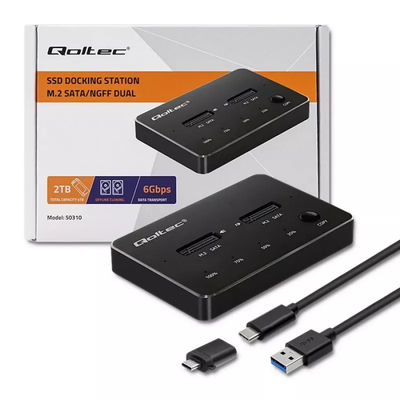 Qoltec 50310 Diskų prijungimo stotelė 2x SSD M.2 SATA NGFF USB Type C