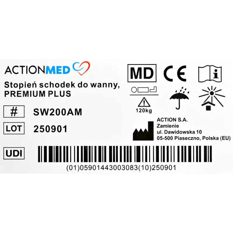 Vonios laiptelis (dušo taburetė) ActionMed SW200AM — juoda, neslystanti paviršiaus danga ir kojelės, maks. naudotojo svoris 120 kg