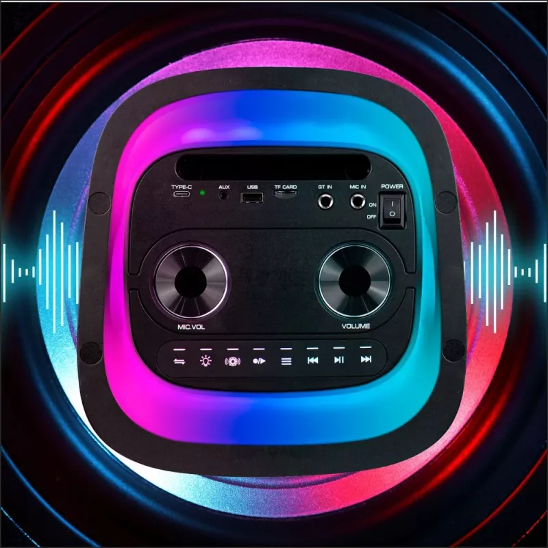 Nešiojamas garsiakalbis MANTA SPK0601B100, 100 W, Bluetooth, karaokė, belaidis mikrofonas, baterija, ekvalaizeris, disko apšvietimas