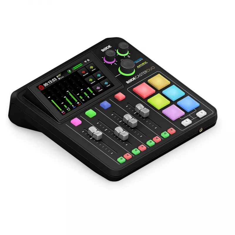Studijos valdiklis RØDE Caster Duo Juoda — 2 kombinuoti XLR/TRS, 2 TRS linijiniai išėjimai, 48 kHz, 24 bitų, jutiklinis ekranas, Wi‑Fi, Bluetooth