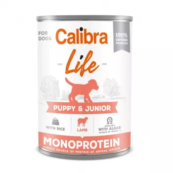 Šlapias šunų ėdalas Calibra Puppy & Junior Lamb & Rice — 400 g, pilnavertis šlapias ėdalas alergiškiems šuniukams, baltymai 9,5%, riebalai 7,5%