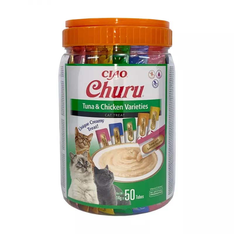 Šlapi kačių skanėstai INABA Churu Varieties — vištiena ir tunas, 50 x 14 g pastos tūbelių, be grūdų, be glitimo ir be cukraus