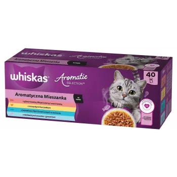 Šlapias kačių maistas WHISKAS Aromatic selection Mix — 40 x 85 g maišeliai, suaugusioms katėms, 83,6 % drėgmės