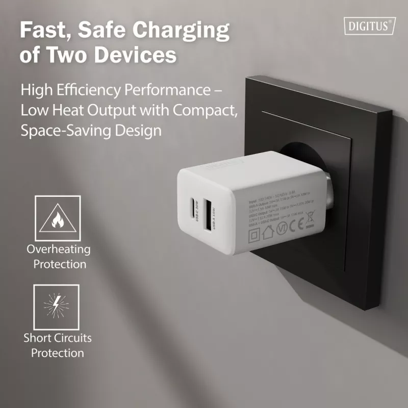AC vidaus USB GaN įkroviklis DIGITUS DA-10301 — 30W, 1× USB-C, 1× USB-A, 100–240V, balta