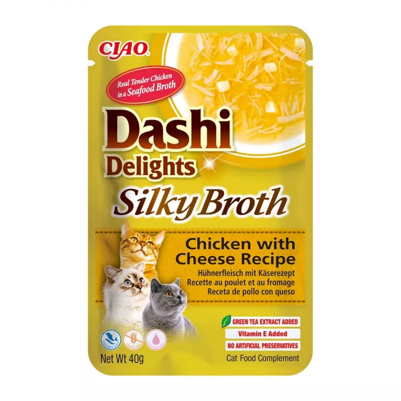Drėgnas kačių skanėstas INABA Dashi Delights Silky Broth su vištiena ir sūriu 40 g vienos porcijos maišelis
