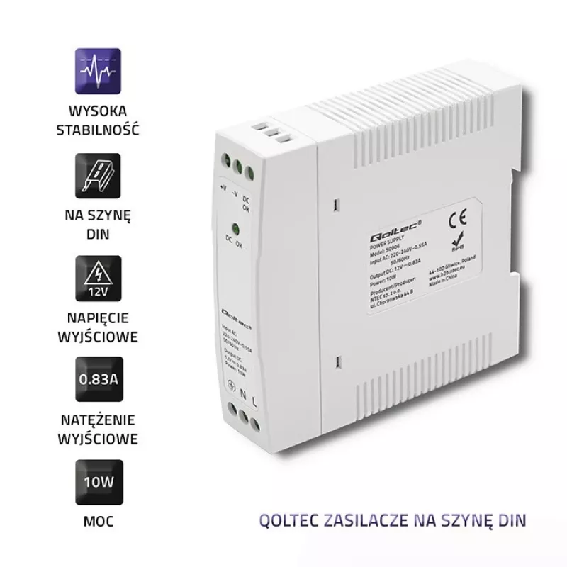 DIN bėgio maitinimo šaltinis 10W, 12V, 0,83A, plonas