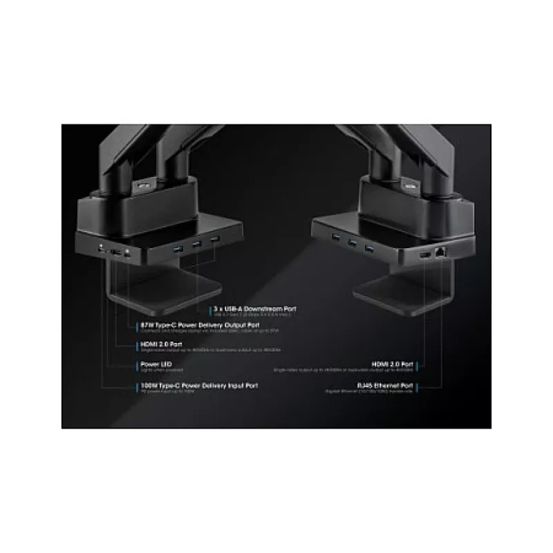 Manhattan dvigubas stalinis laikiklis televizoriams ir monitoriams (pilnos eigos dujinė spyruoklė) su įmontuota dokine stotimi, ekranams iki 27 col., prievadai (x7): Ethernet, HDMI (x2), USB-A (x3) ir USB-C, maitinimo tiekimas (100 W) į USB-C prievadą (reikalingas atskiras USB-C kintamosios srovės adapteris / laidas), VESA: 75x75 ir 100x100 mm