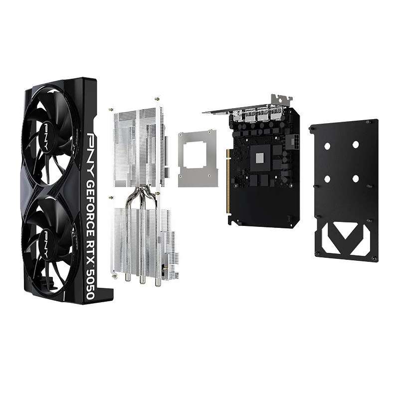 Grafikos plokštė PNY GeForce RTX 5050 — 8 GB GDDR6, 2317 MHz, 128 bitų, PCIe x8 5.0, dviejų ventiliatorių aušinimas
