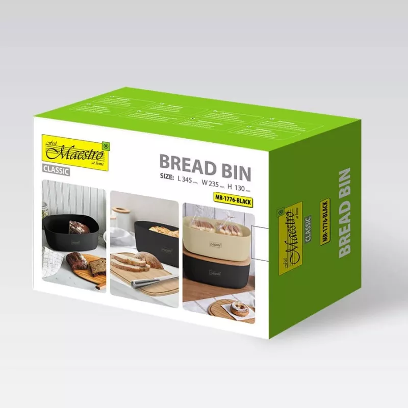 „Breadbox Maestro MR-1776-Juoda“ stalviršio duonos dėžė, plastikinis korpusas su mediniu dangčiu, 345×235×130 mm
