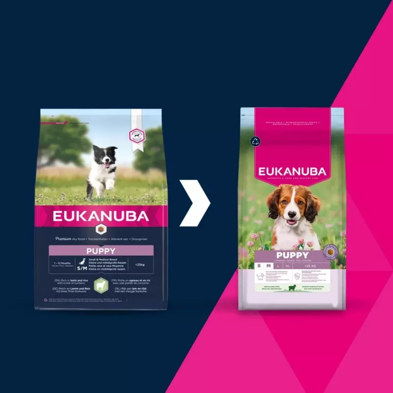 Sausas šunų maistas EUKANUBA Puppy & Junior Small/Medium Lamb & Rice 3 kg — visavertis pašaras jauniems mažų/vidutinių veislių šunims