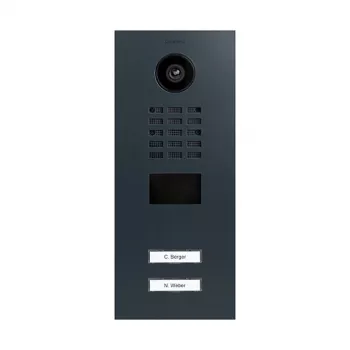 Video domofonas DoorBird D2102V — IP65, IK08, IR LED, 10 m judesio jutiklis, 15 V adapteris (juodas)