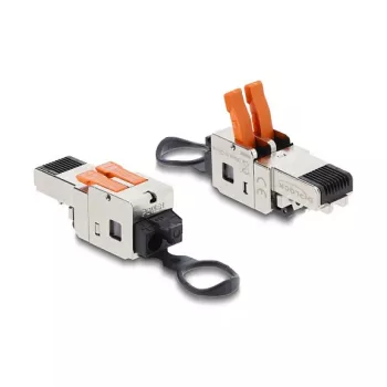 DELOCK RJ45 kištukas su spaustuko užraktu 2 kontaktai +/- be įrankių, sudėtinė maitinimo jungtis, kištukas, juoda / nerūdijantis plienas
