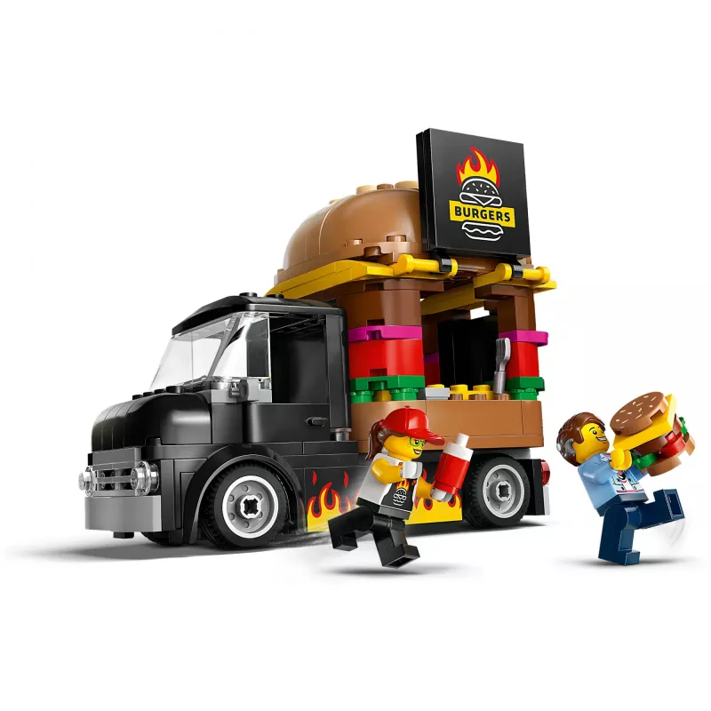 LEGO City Burger Van – maisto sunkvežimio žaislas 5 metų ir vyresniems berniukams ir mergaitėms, transporto priemonės konstravimo rinkinys su virtuvės komplektu, pardavėjo minifigūrėle ir aksesuarais