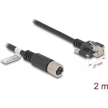 Tinklo kabelis DeLOCK M12, X koduotas, 8 kontaktų lizdas į RJ45 kištuką, Cat.6A, 2 m, juodas