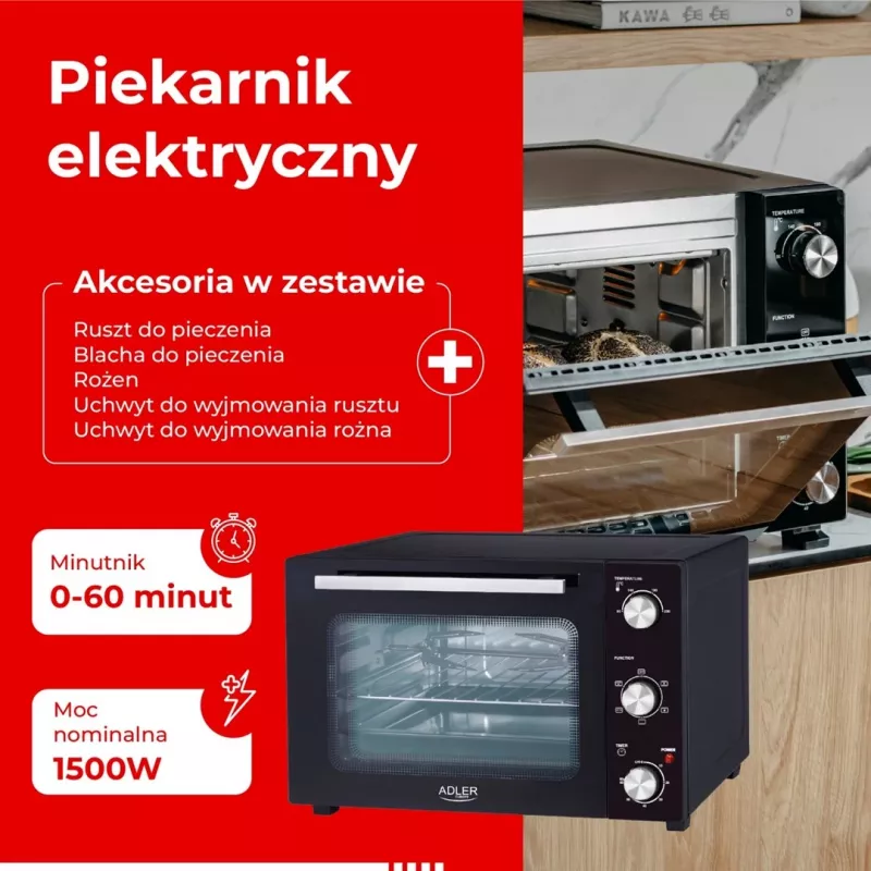 Elektrinė kompaktiška stalviršio krosnelė Adler AD 6026 — 48 l talpa, 1800 W, laisvai pastatoma, mechaninis laikmatis