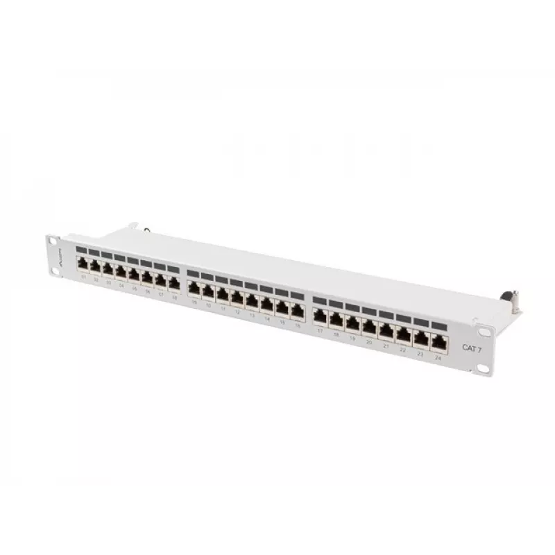 Patch panel 1U LANBERG PPS7-1024-S — 24 prievadų, Cat7, F/UTP, metalinis, 1U (445×102×44,5 mm)