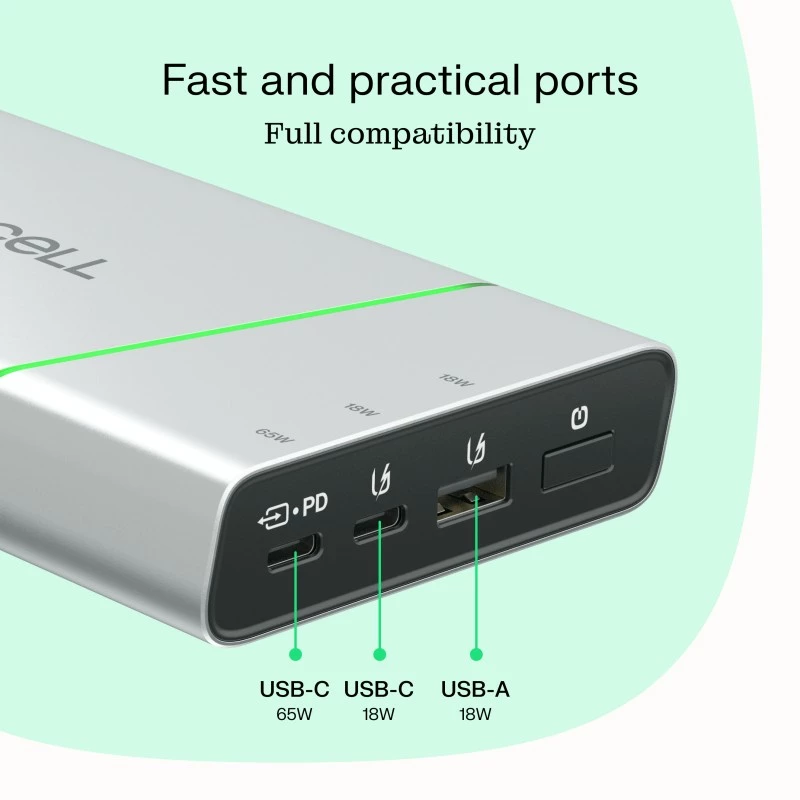 Nešiojama baterija Green Cell BPLGC20P 20800 mAh ličio jonų, USB-C PD 65W, 2x USB-C + 1x USB-A, aliuminio korpusas