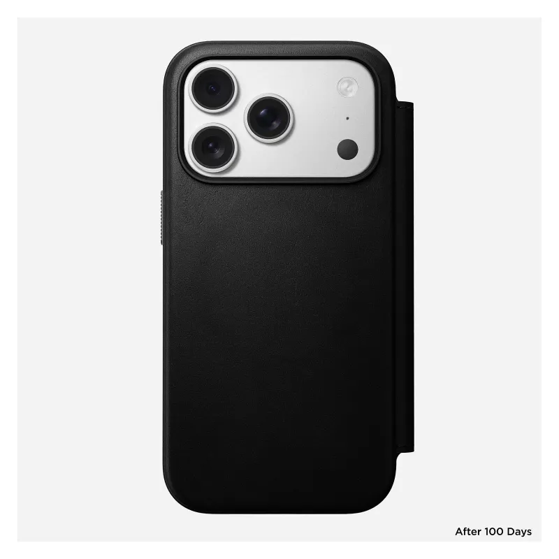 Mobiliojo telefono odinis aplankas Nomad Modern Leather Folio Cover, skirtas iPhone 17 Pro, 16 cm (6,3 colio), juodas, 4 kortelių kišenės