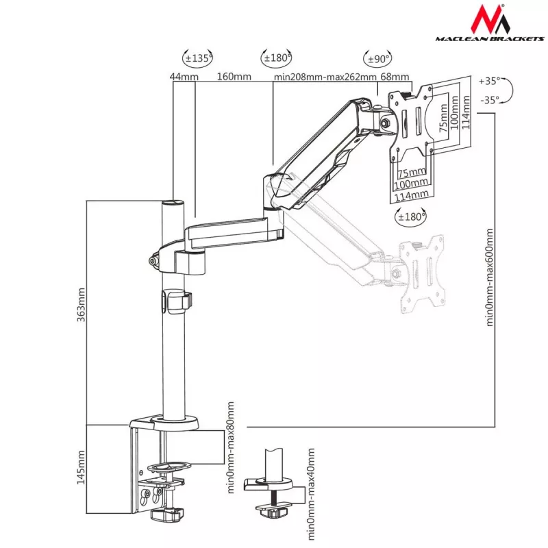 Stalinis monitoriaus laikiklis MACLEAN MC-775 32 colių (81,3 cm) ekranams, VESA 75x75–100x100, iki 8 kg, pilkas