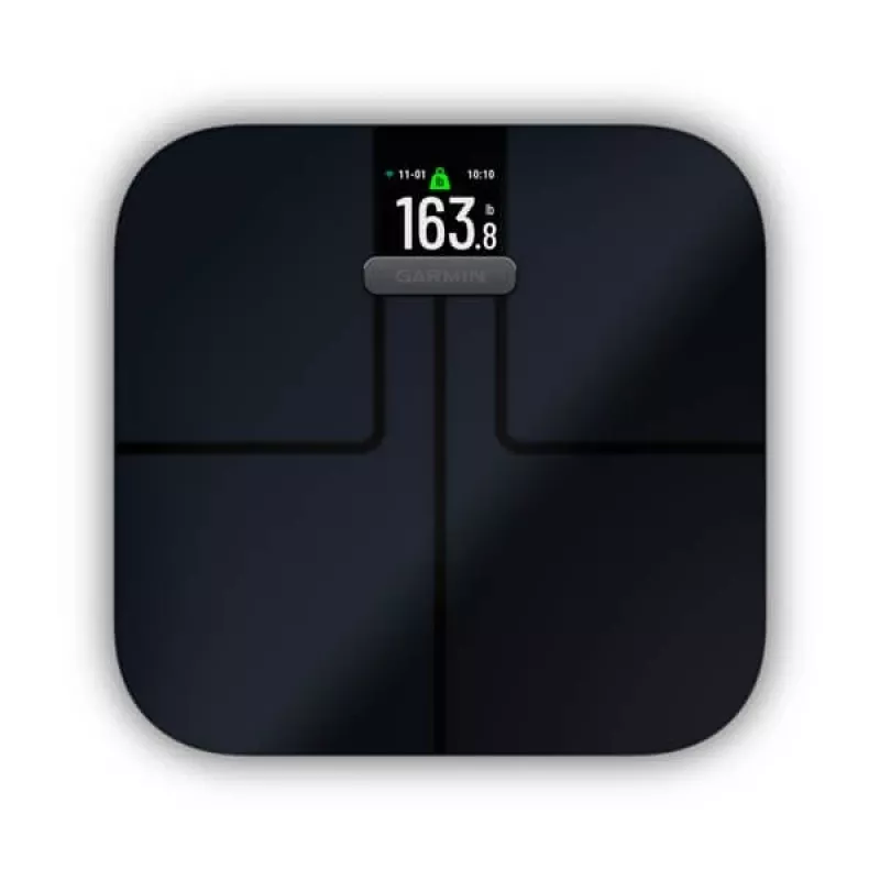 Elektroninės asmeninės svarstyklės GARMIN Index S2 – juodos, maks. 181,4 kg, Wi‑Fi/Bluetooth, kūno sudėties analizė