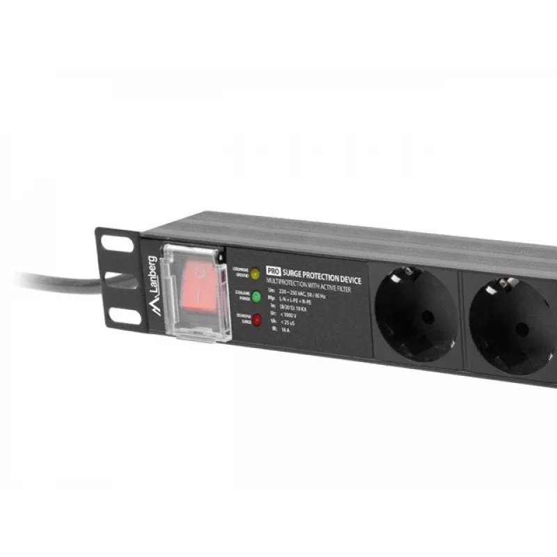 Energijos paskirstymo blokas LANBERG PDU-PRO-07F-0200-BK — 1U stovo PDU, 7 F tipo lizdai, 16 A, 2 m laidas, juodas