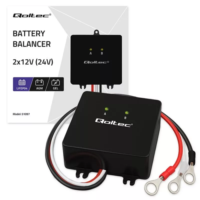 Baterijų įtampos balansuoklis QOLTEC 51097, skirtas 24V (2×12V) baterijoms, 5A balansavimo srovė
