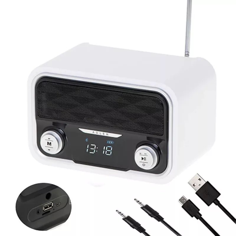Nešiojamas radijas Adler AD 1185 — FM, Bluetooth 4.0, MP3, SD kortelė, AUX, 1800 mAh baterija, LCD ekranas, micro-USB įkrovimas