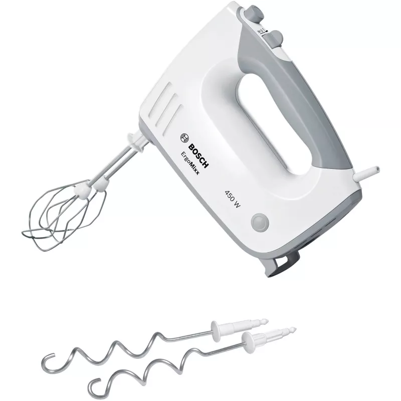 Rankinis plaktuvas Bosch MFQ36400 — 450 W, 5 greičiai, turbo, 1,3 m laidas, pilka/baltas