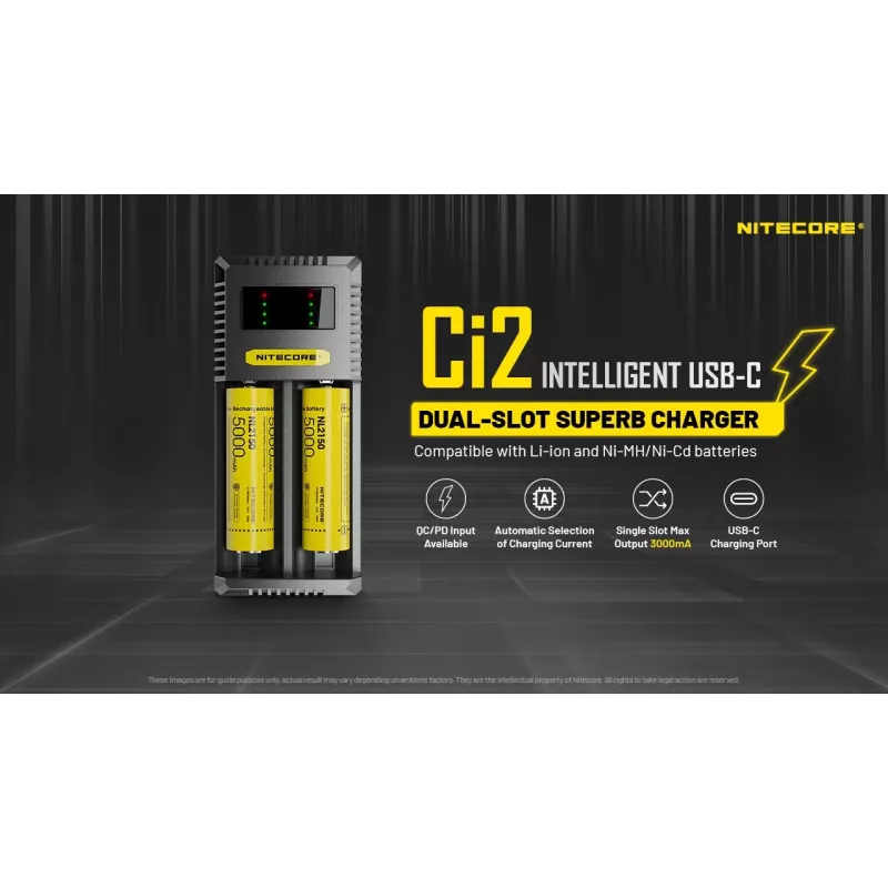 Baterijų įkroviklis Nitecore Ci12 universalus USB įkroviklis Li‑Ion, NiCd, NiMH, 3A įvestis 5/9/12V, plastikinis korpusas