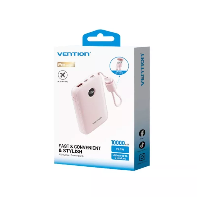 Išorinė baterija Vention FKAP0-C 10000 mAh, 2× USB-C + 1× USB-A, 22.5 W, rožinė