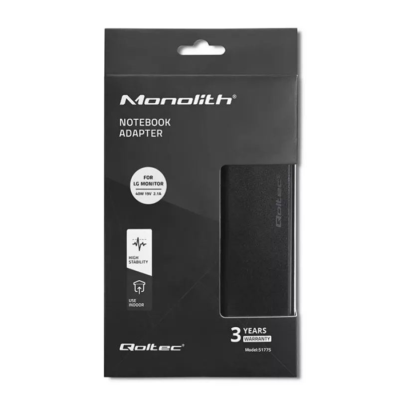 Maitinimo adapteris QOLTEC 51775 40W 19V 2.1A monitoriams, juodas, 1,75 m kabelis
