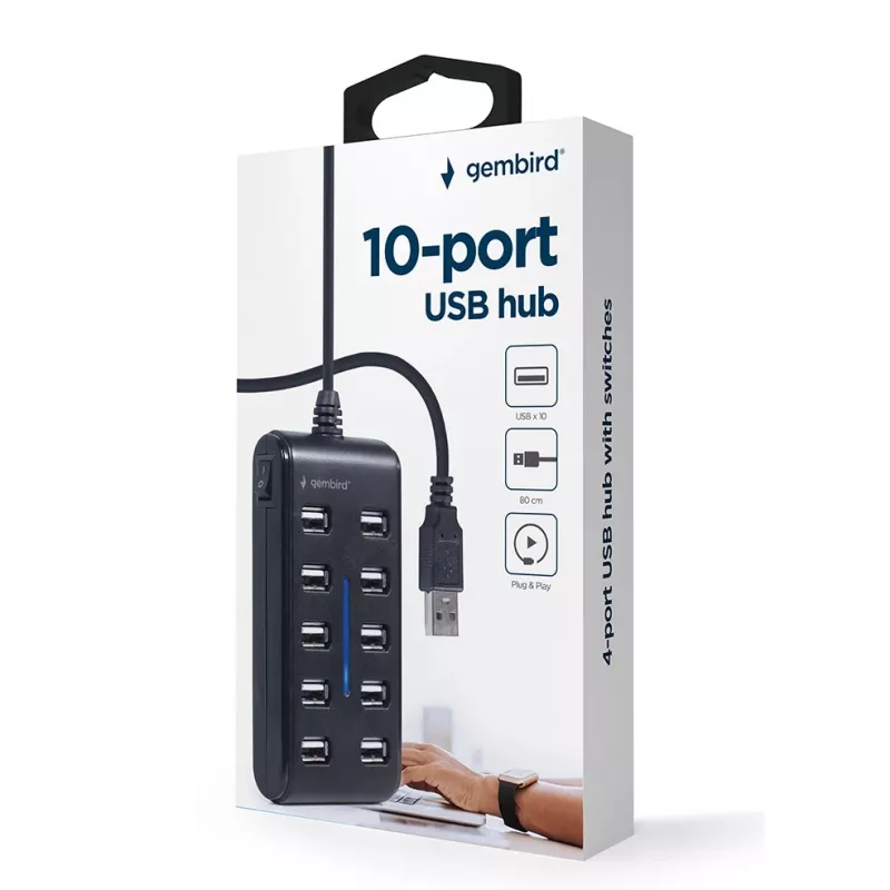 USB šakotuvas Gembird UHB-U2P10P-01 — 10 prievadų USB 2.0 šakotuvas