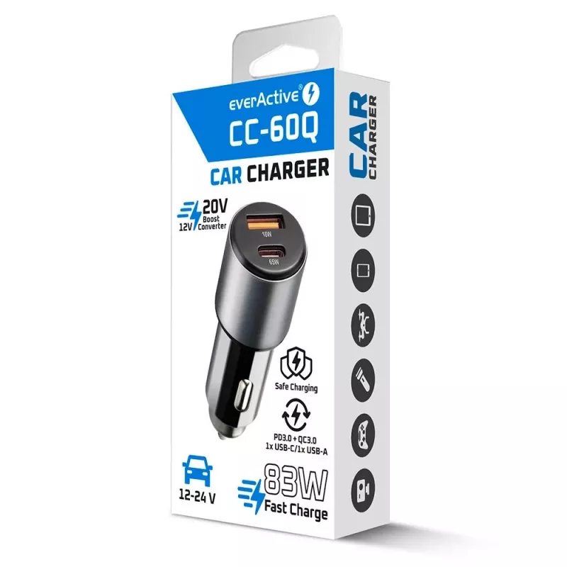 Automobilinis įkroviklis everActive CC-60Q, QC3.0, iki 83W, USB automobilinis maitinimo adapteris