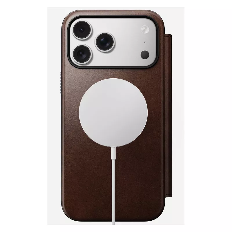 Nomad Modern Leather Folio mobiliojo telefono dėklas iPhone 17 Pro Max — ruda, oda, 6,3 colio ekranas, 4 kortelių kišenės