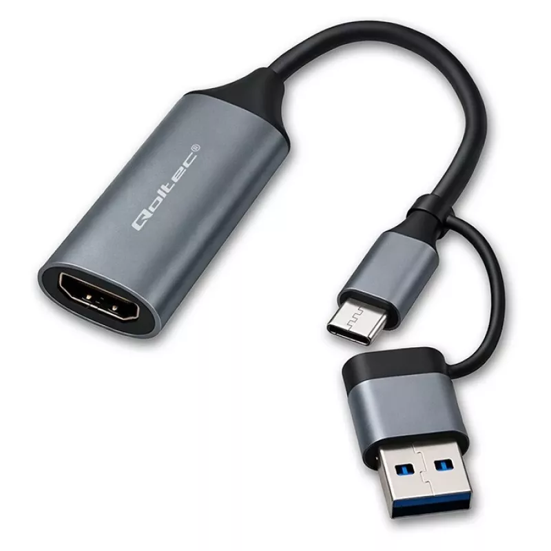 USB-C į USB-A ir HDMI 4K 30Hz adapteris QOLTEC aliumininiame korpuse