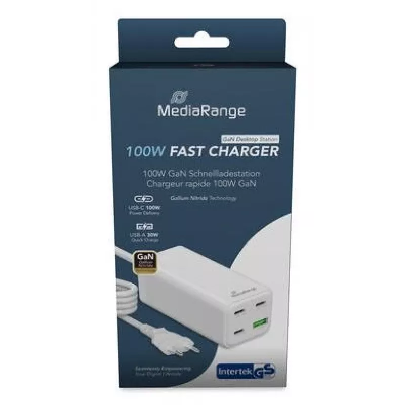 MediaRange MRMA124 mobiliojo įrenginio įkroviklis 100 W kintamoji srovė, 3x USB-C, 100–240 V įvestis, 1,5 m laidas, balta