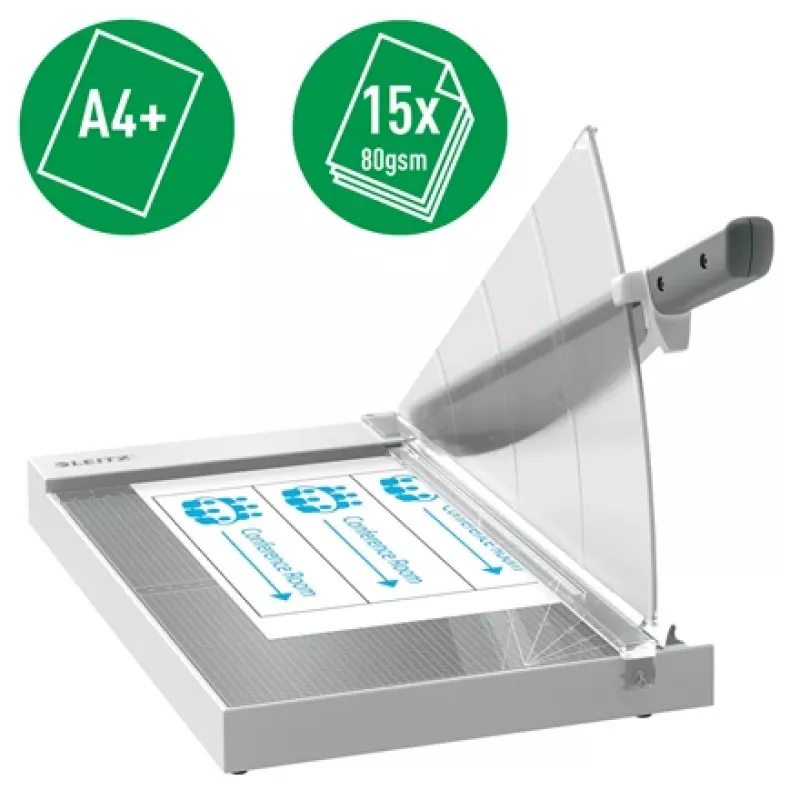 Leitz Precision Office popieriaus pjaustytuvas A4+, 15 lapų, rankinis spaustukas, nerūdijantis plienas, A4 Maxi, 80 g/m², stiklas