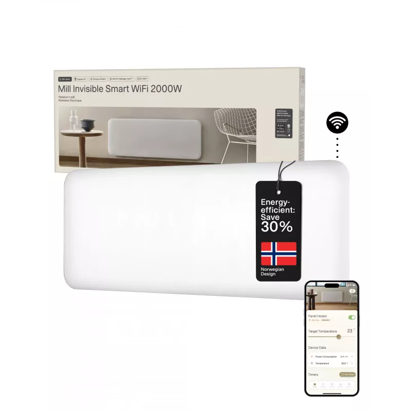 Mill Invisible Smart WiFi šildytuvas | PA2000WIFI4 | Skydinis šildytuvas | 2000 W | Tinka patalpoms iki 24–28 m² | Balta | IPX4