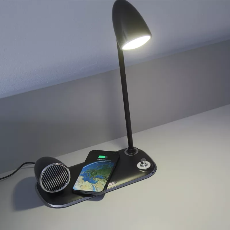 Stalinė lempa Tellur TLL151361 su belaidžiu Qi įkrovikliu ir Bluetooth garsiakalbiu, reguliuojamas apšvietimas