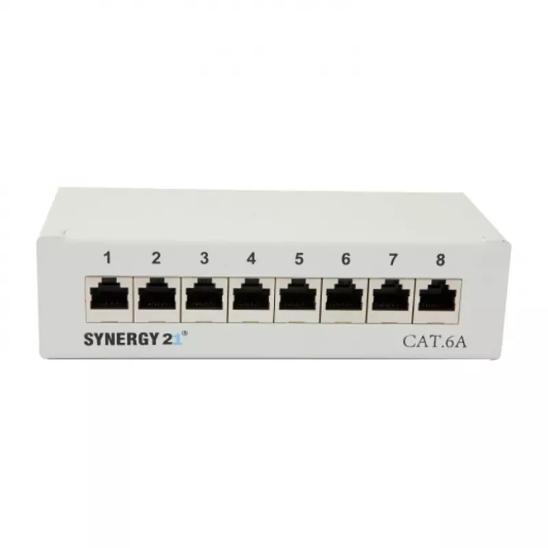 Patch panel 8xTP, CAT6A, 500Mhz, paviršinio montavimo, šviesiai pilka, Syner (S216314)