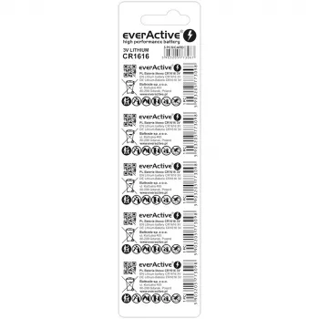 Monetinis elementas everActive CR1616 3V, 50 mAh, 16 mm — pakuotėje 5 vnt.